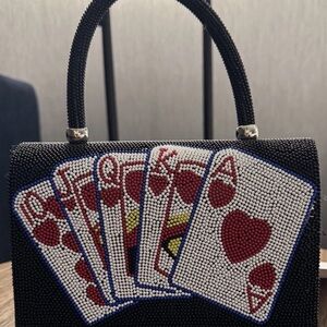 NWT Alessia Black Beaded Playing Card Heart Suit Royal Flush Miniature Tote